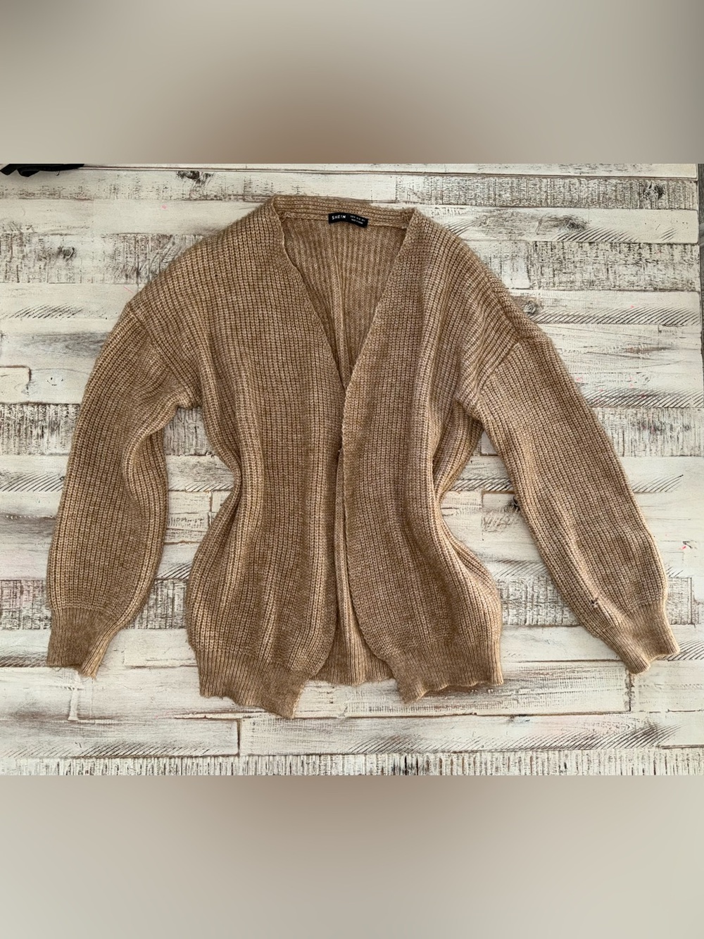 SHEIN Tan Open-Front Ribbed Knit Cardigan